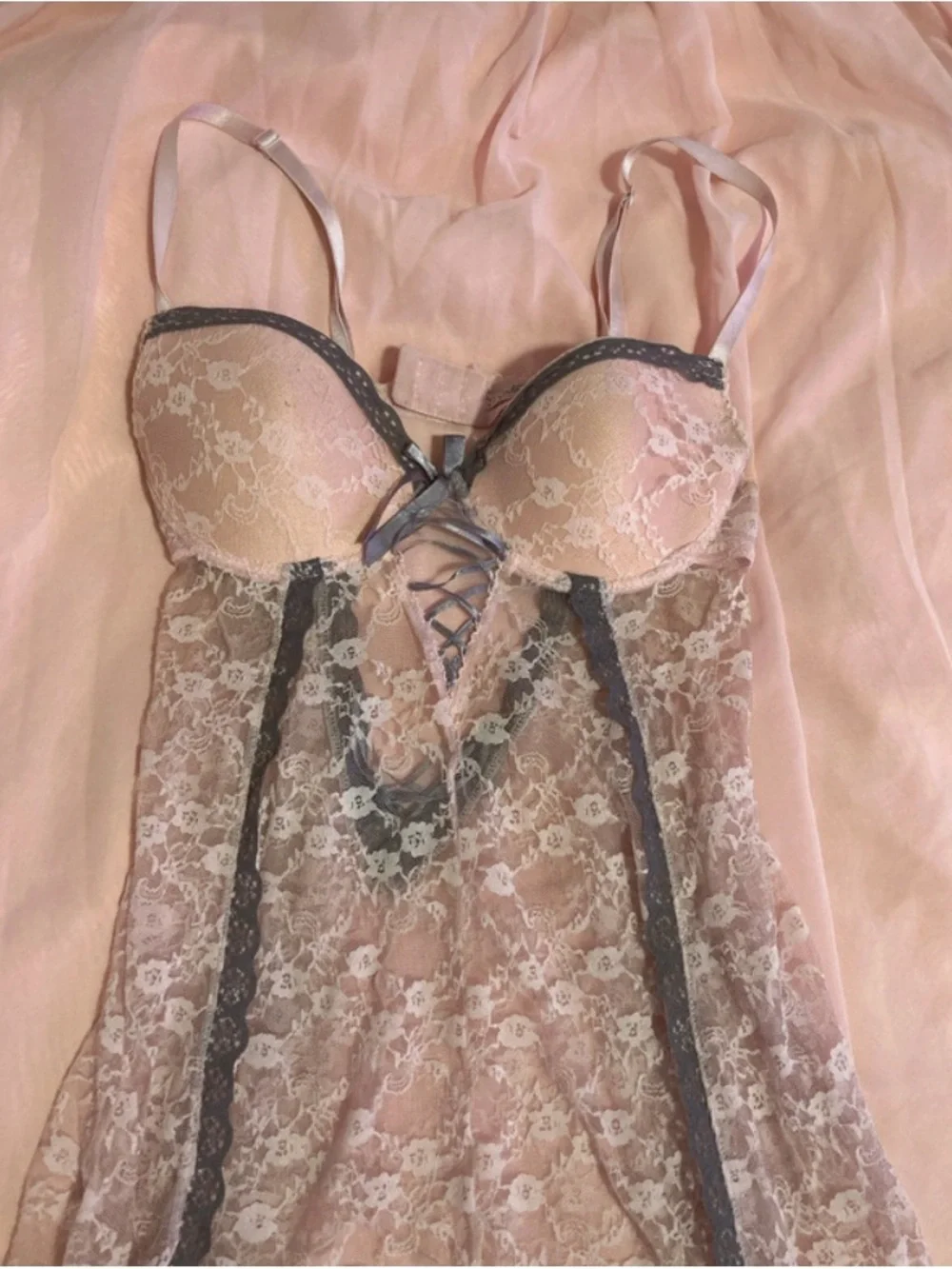 Native Intimates Pink Lace Chemise with Gray Trim
